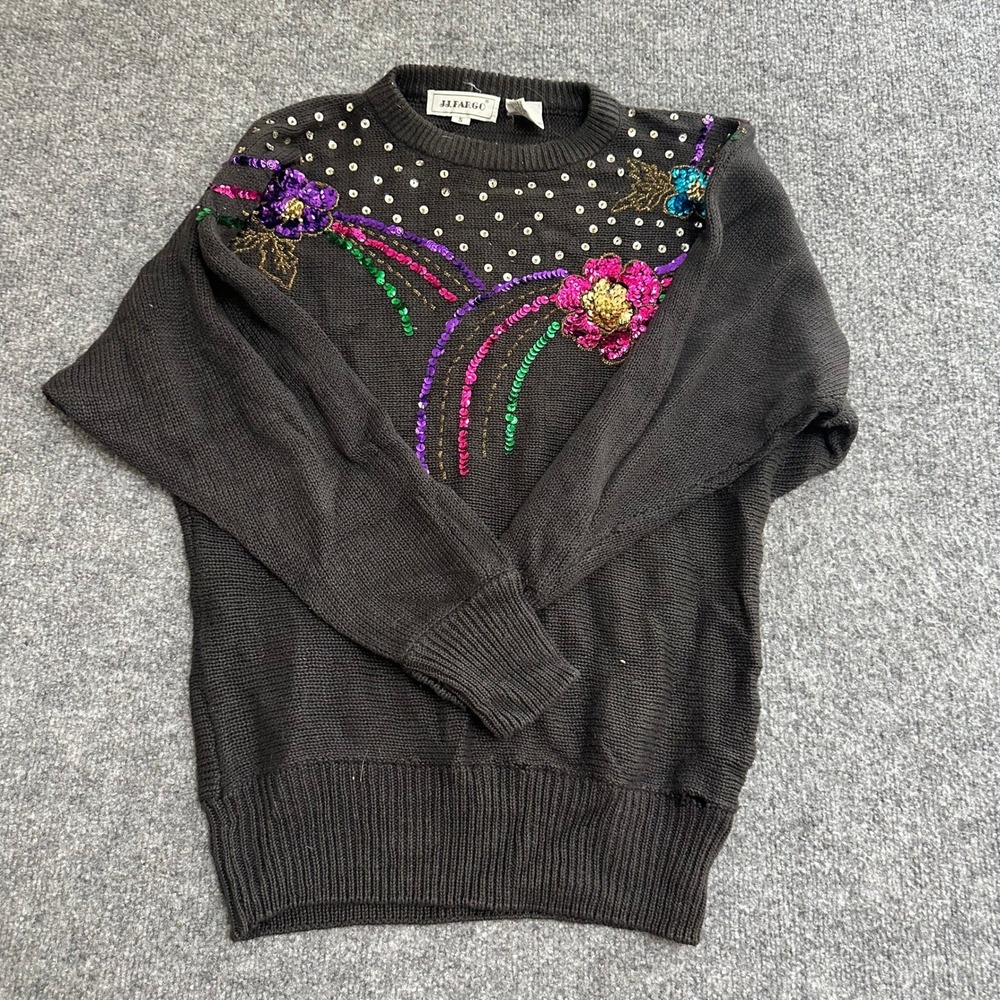 JJ Fargo Sweater Womens Size S Gray Ramie Cotton Floral Sequin Vintage Knit Top